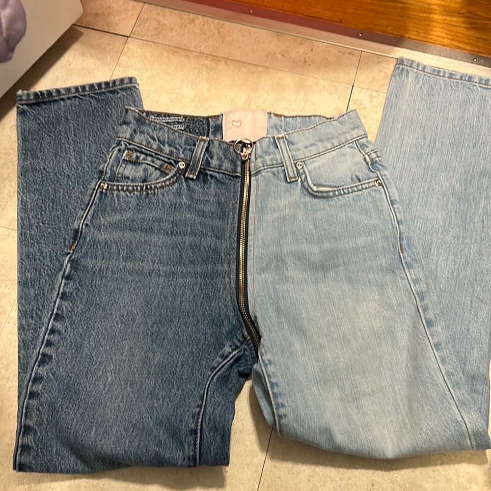 REVICE Two-Tone High Rise Jeans in Dark and Light Blue